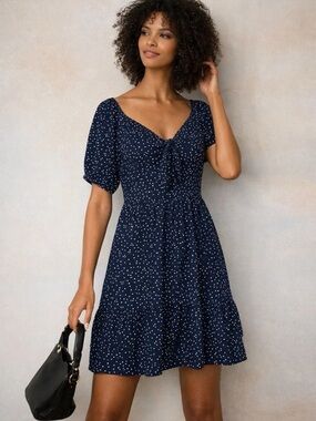LC Lauren Conrad Navy and White Polka Dot Tie-Front Sundress vintage feel